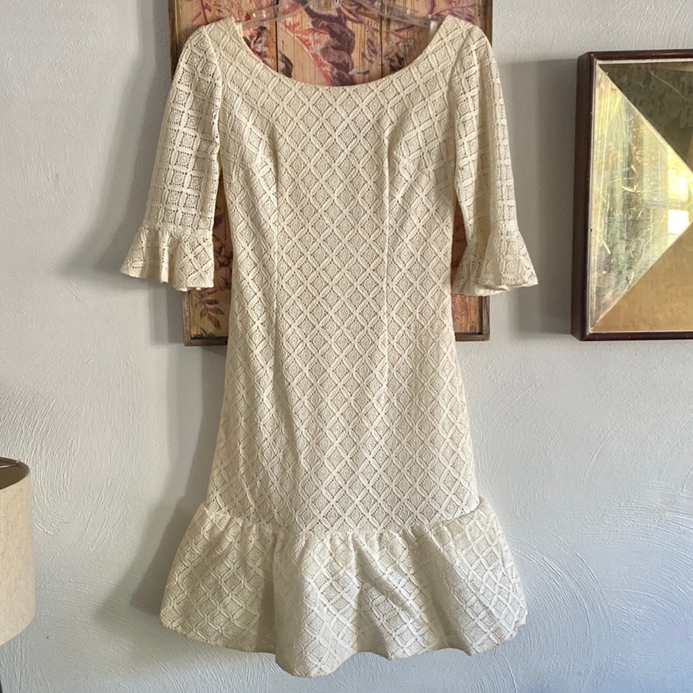 GENUINE VINTAGE 50S 60S VINTAGE IVORY BOHO CROCHET LACE BODYCON MIDI DRESS